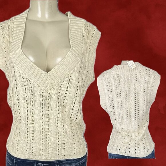 Sweater Project M Beige Low V-Neckline Cable Open Weave Knit Cap Sleeve Sweater - Picture 1 of 6